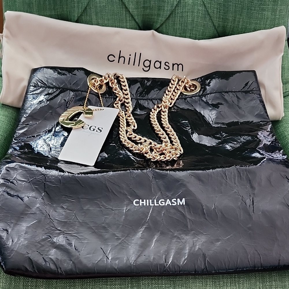 Chillgasm Black Tote Bag with Gold Chain